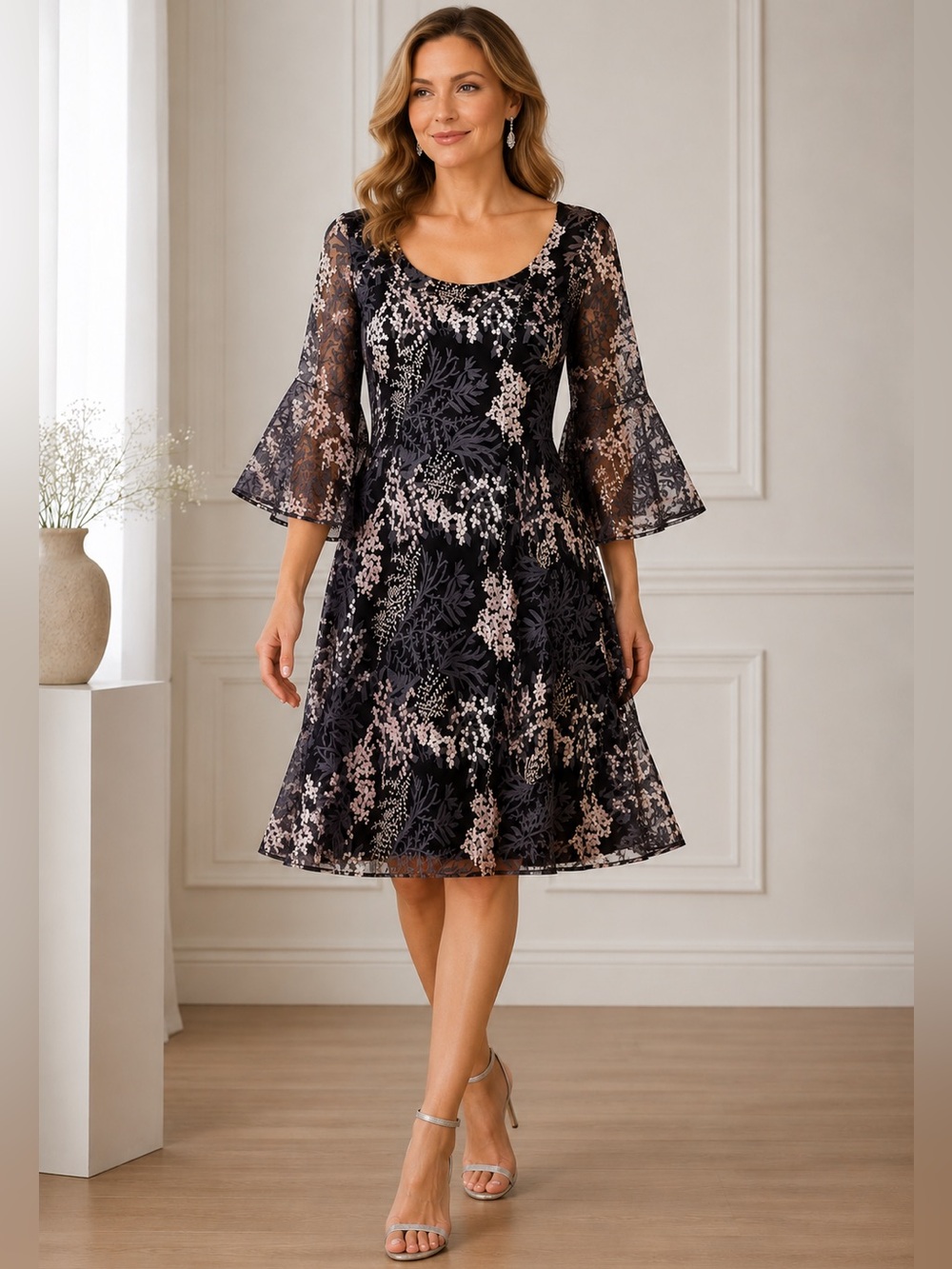 Badgley Mischka Multi Color Embroidered Net Overlay Cocktail Midi Dress Size 2